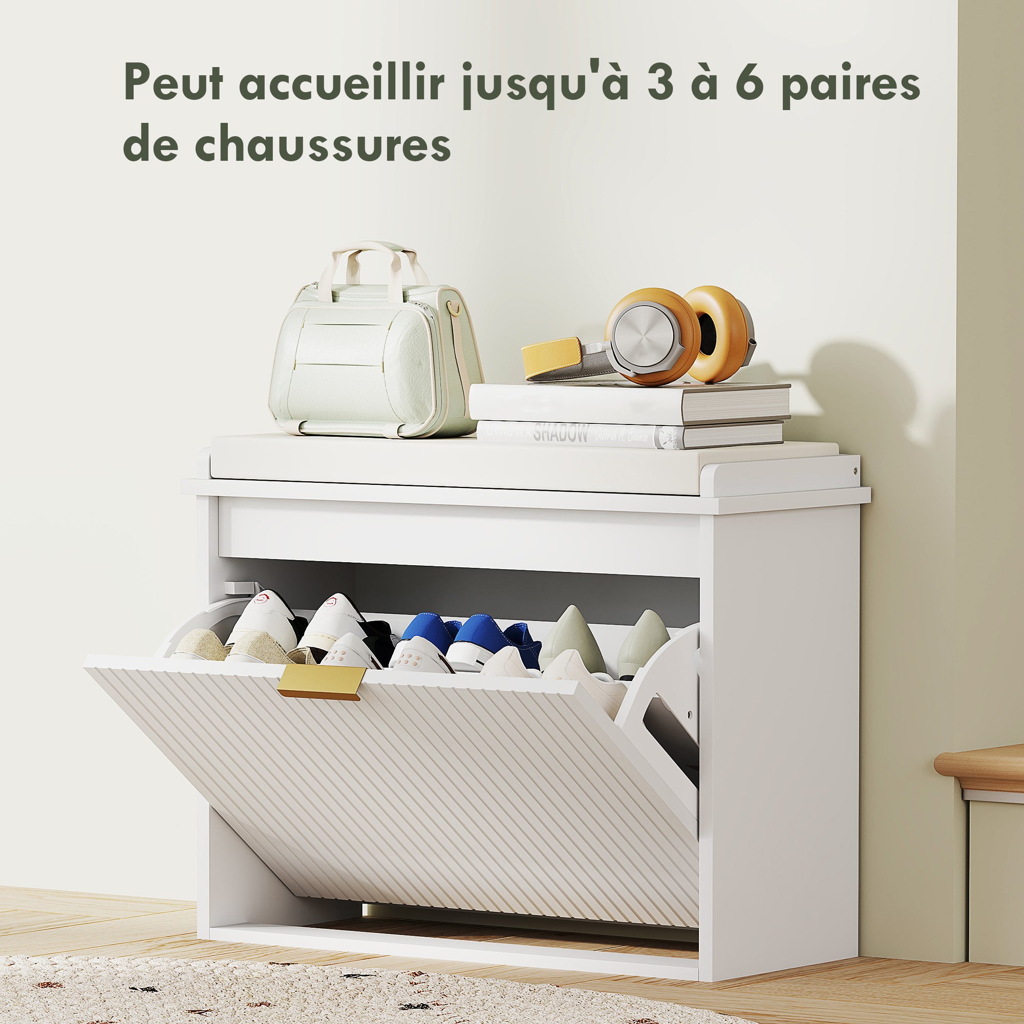 Rangement Banc à chaussures avec coussin d'assise rembourré et tiroir rabattable pour couloir chambre 62 x 26 x 47,5 cm - blanc - 7