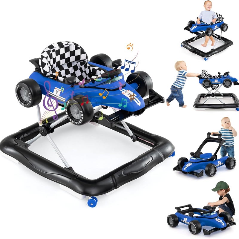 Chodzik dla Niemowląt 4 w 1, Składany Chodzik z 3 Regulowanymi Wysokościami, Muzyką, Światłami, Antypoślizgowymi Kółkami, Nośność 12 kg (Niebieski)