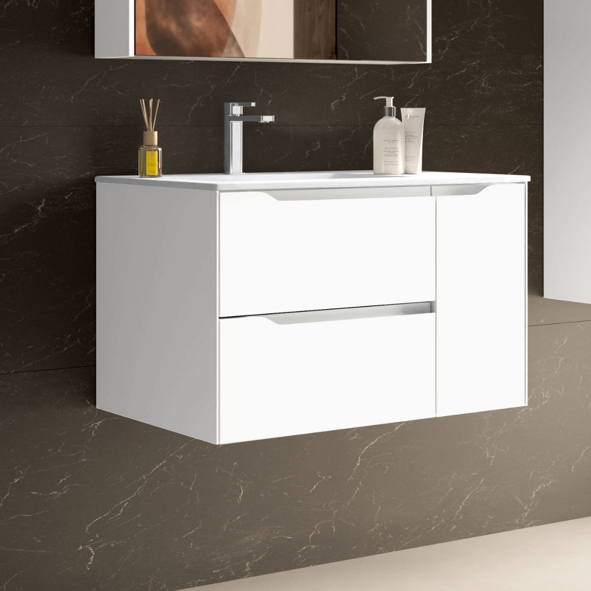Mobili da bagno a muro con lavandino | 100 cm | 2 cassetti Porta laterale con chiusura imbottita e organizzatore | Bianco opaco - 2