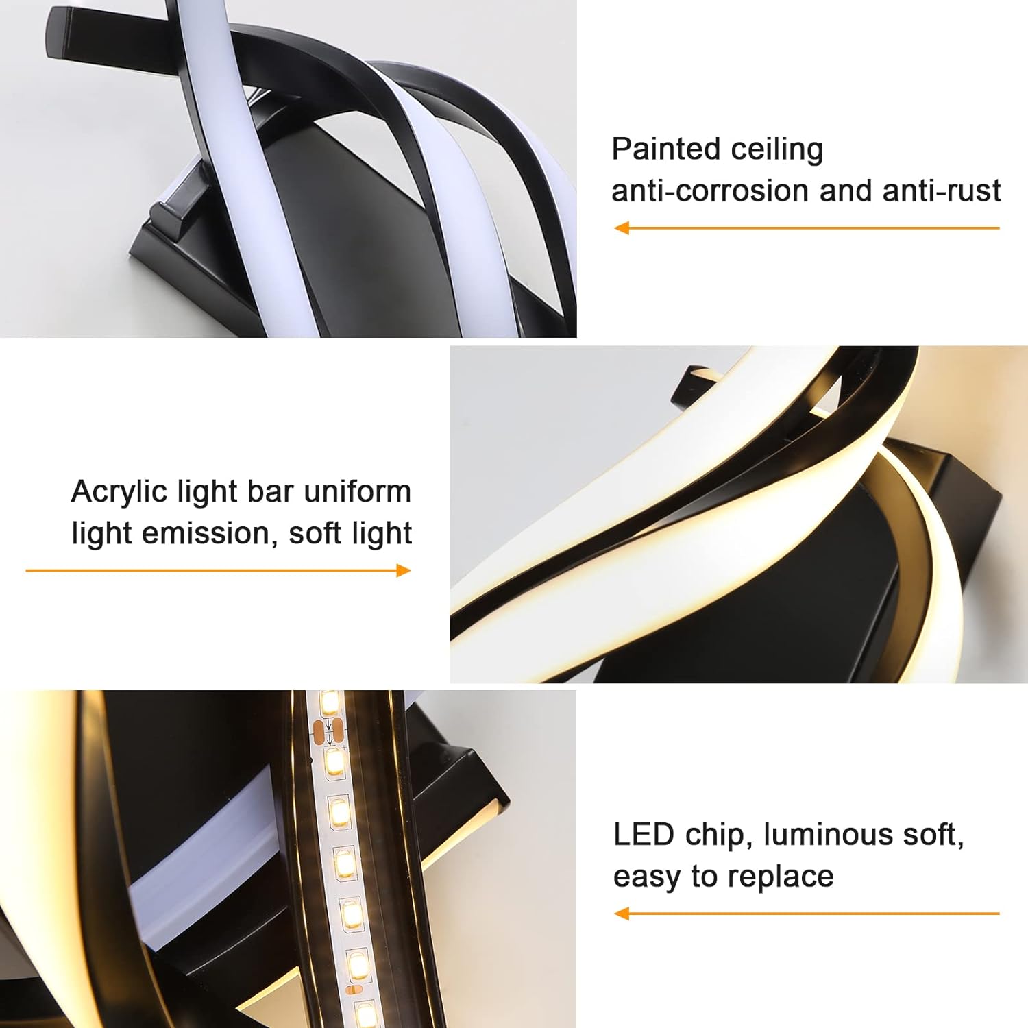 Applique Murale LED 18W Dimmable Spirale Acrylique - Luminaire Moderne Chambre, Salon, Couloir (Noir/Or)