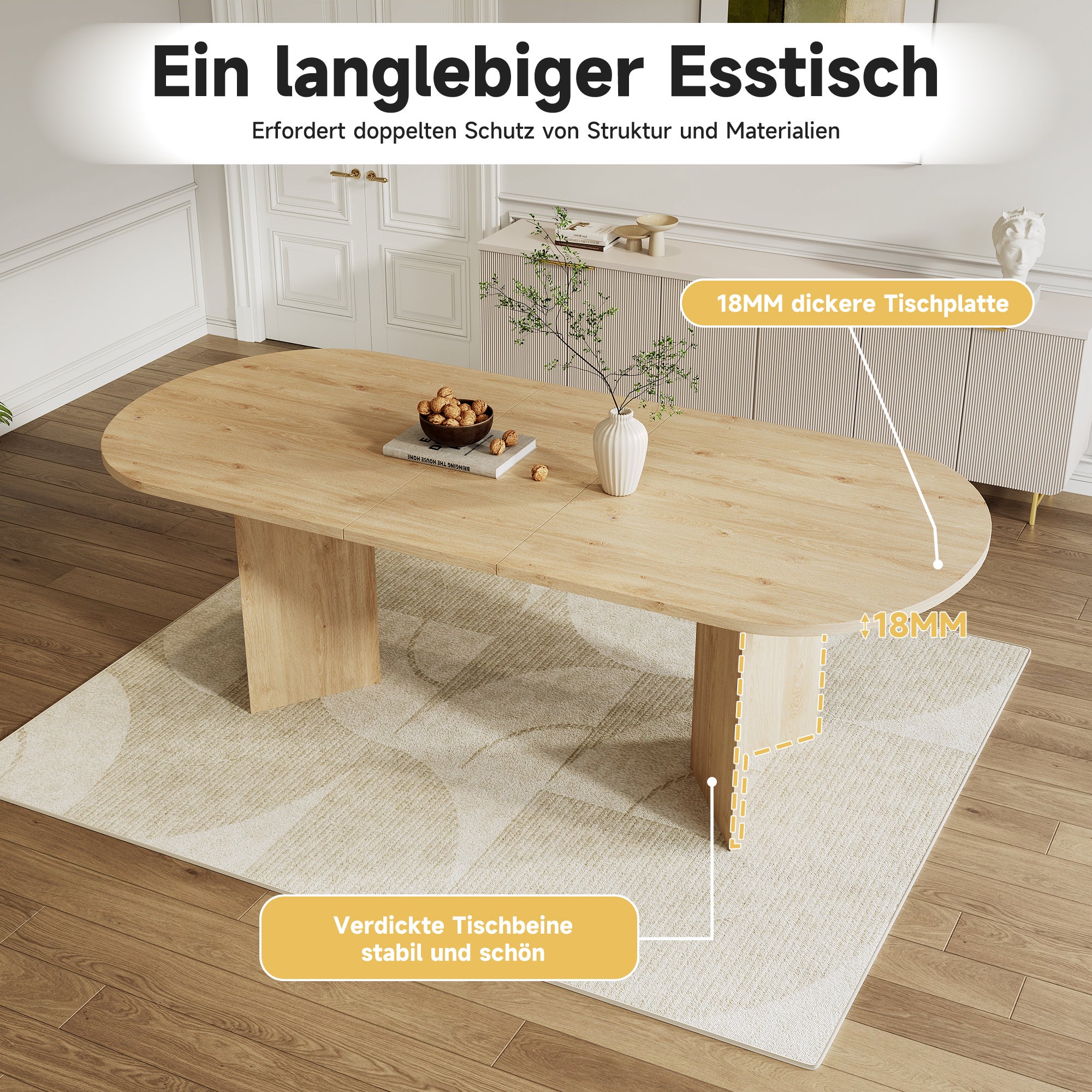 Table à manger extensible 160-200x90 cm pour 6-8 personnes - coins arrondis, plateau épais et style simple - couleur chêne - 6