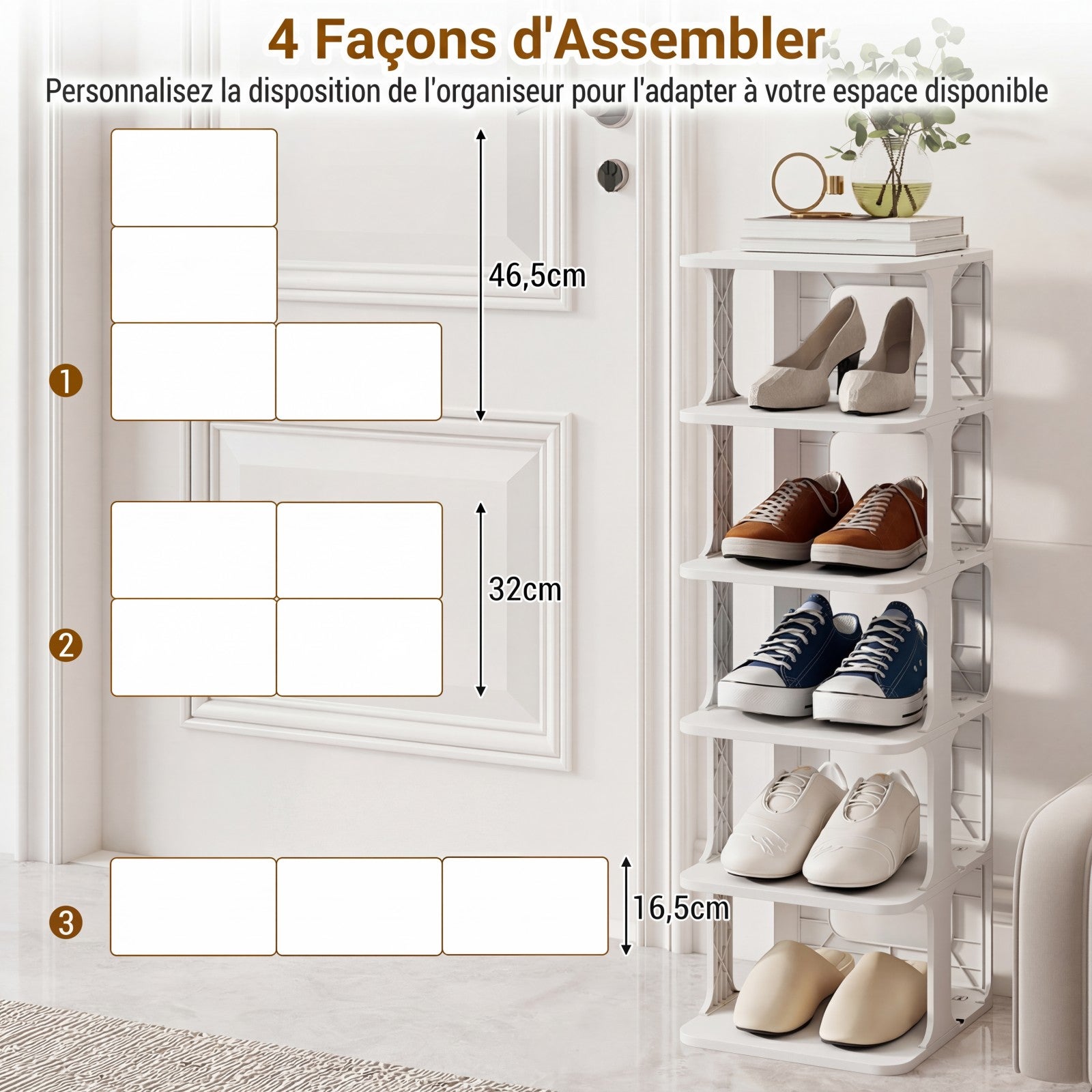 Étagère à Chaussures Empilable à 6 Niveaux , Organiseur de Chaussures Vertical Compact en Plastique, pour Entrée , Montage sans Outil, Blanc - 3