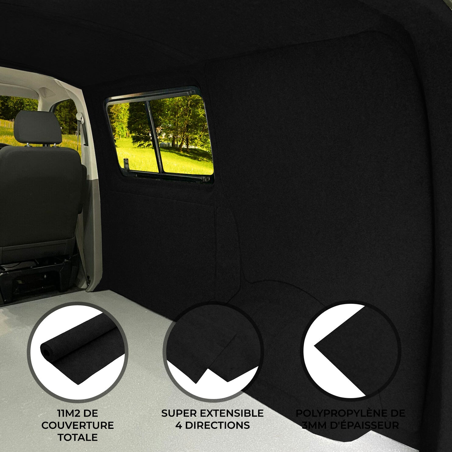 Tapis Voiture Extensible 4 Directions 4x2 M Noir | Revêtement Sol Fourgon, Camping-car, Bateau, Facile à Poser, Polypropylène Velours