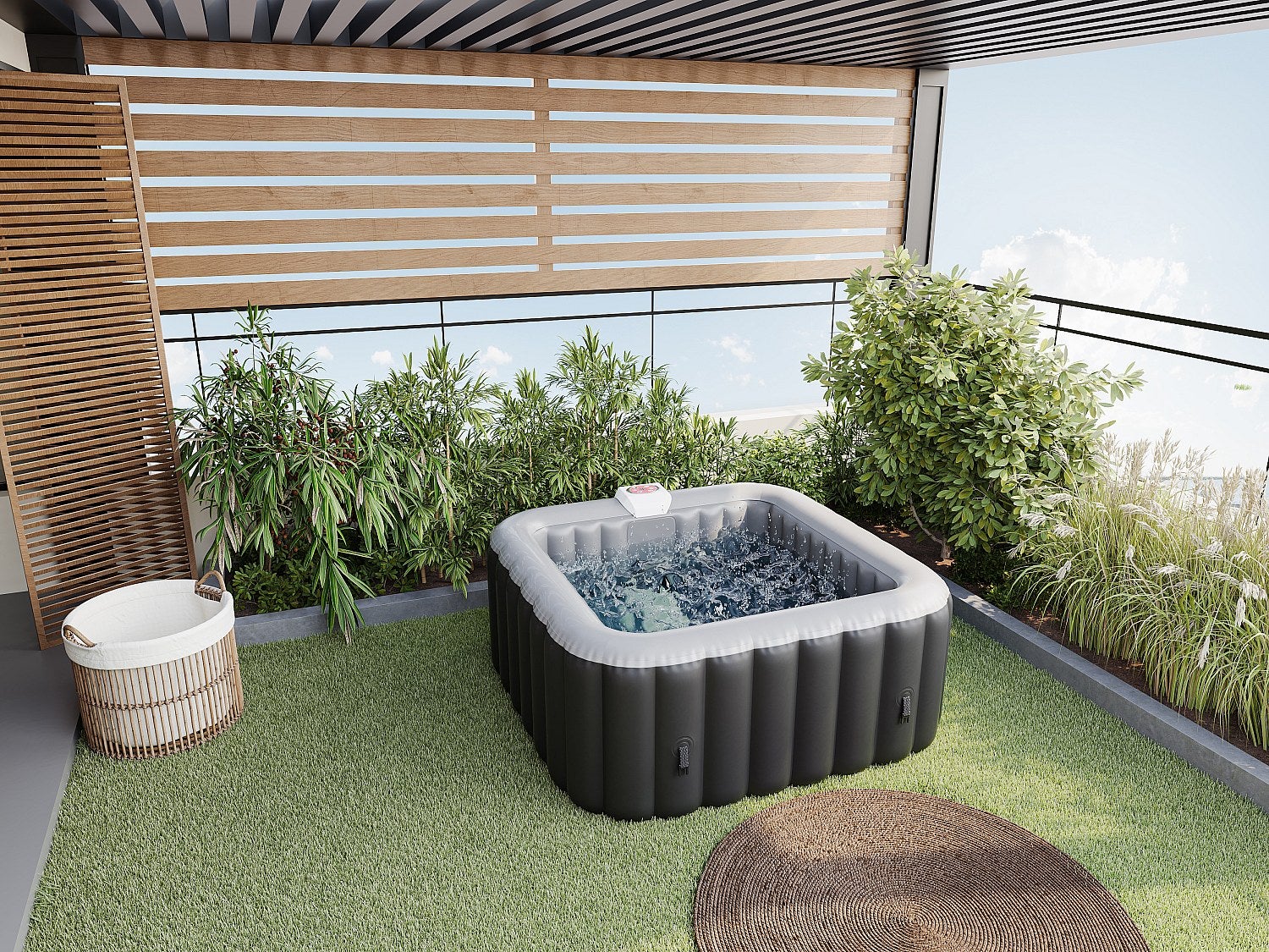 SPA dmuchane kwadratowe dla 4 osób B-COSY - Dł.154 x Gł.154 x Wys.65 cm - 120 dysz powietrznych - Kolor czarny i szary