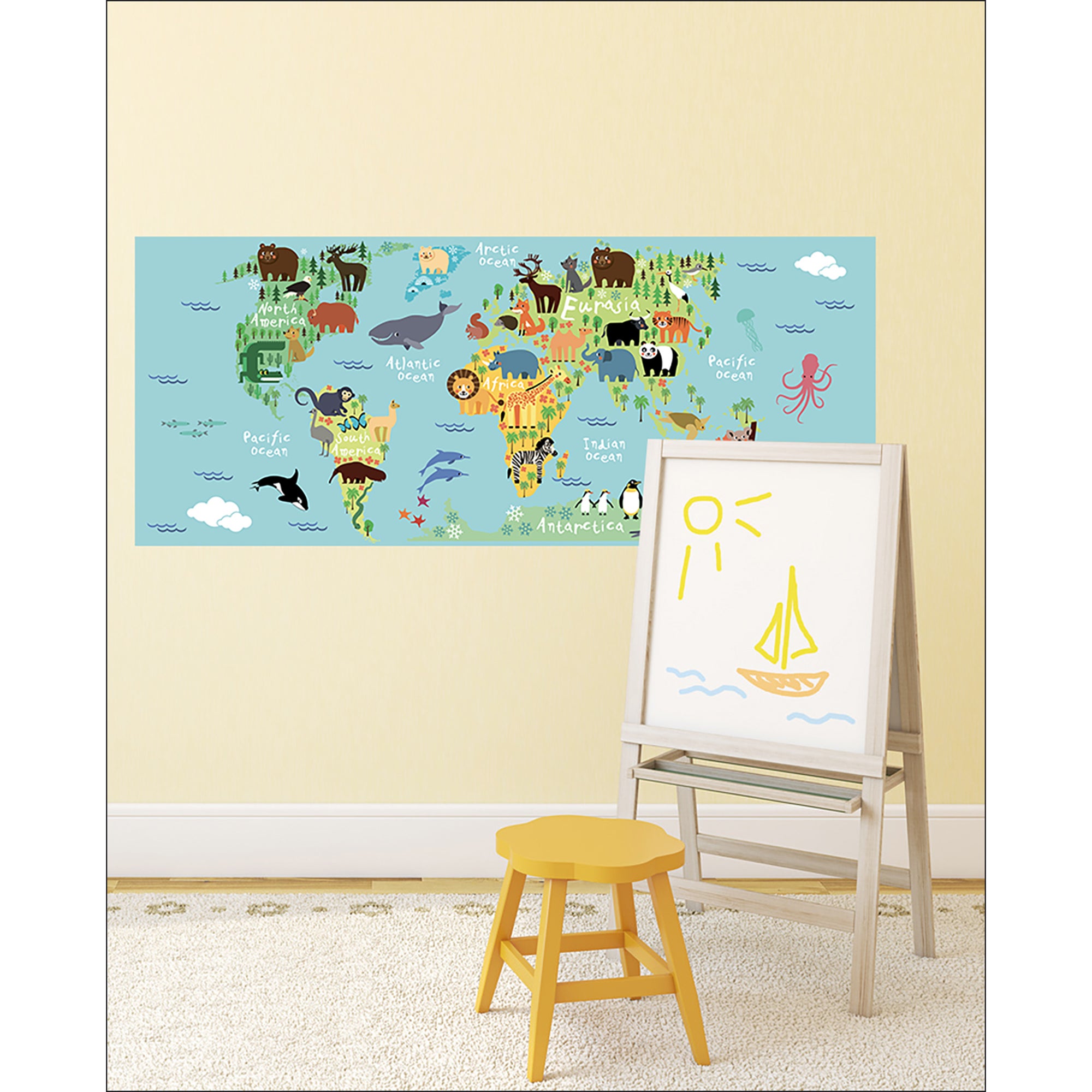Stickers y vinilos decorativos, mapa del mundo de animales, educación para niños, todo en color, 50 cm x 120 cm