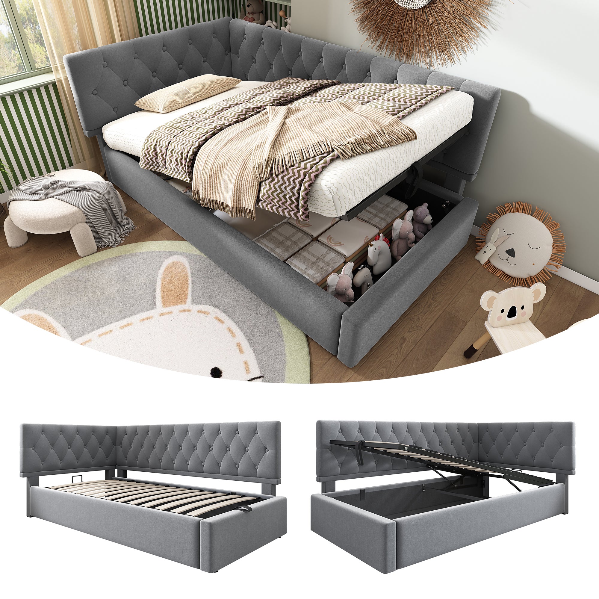 LIT COFFRE VENUS COTELE GRIS 90X190CM