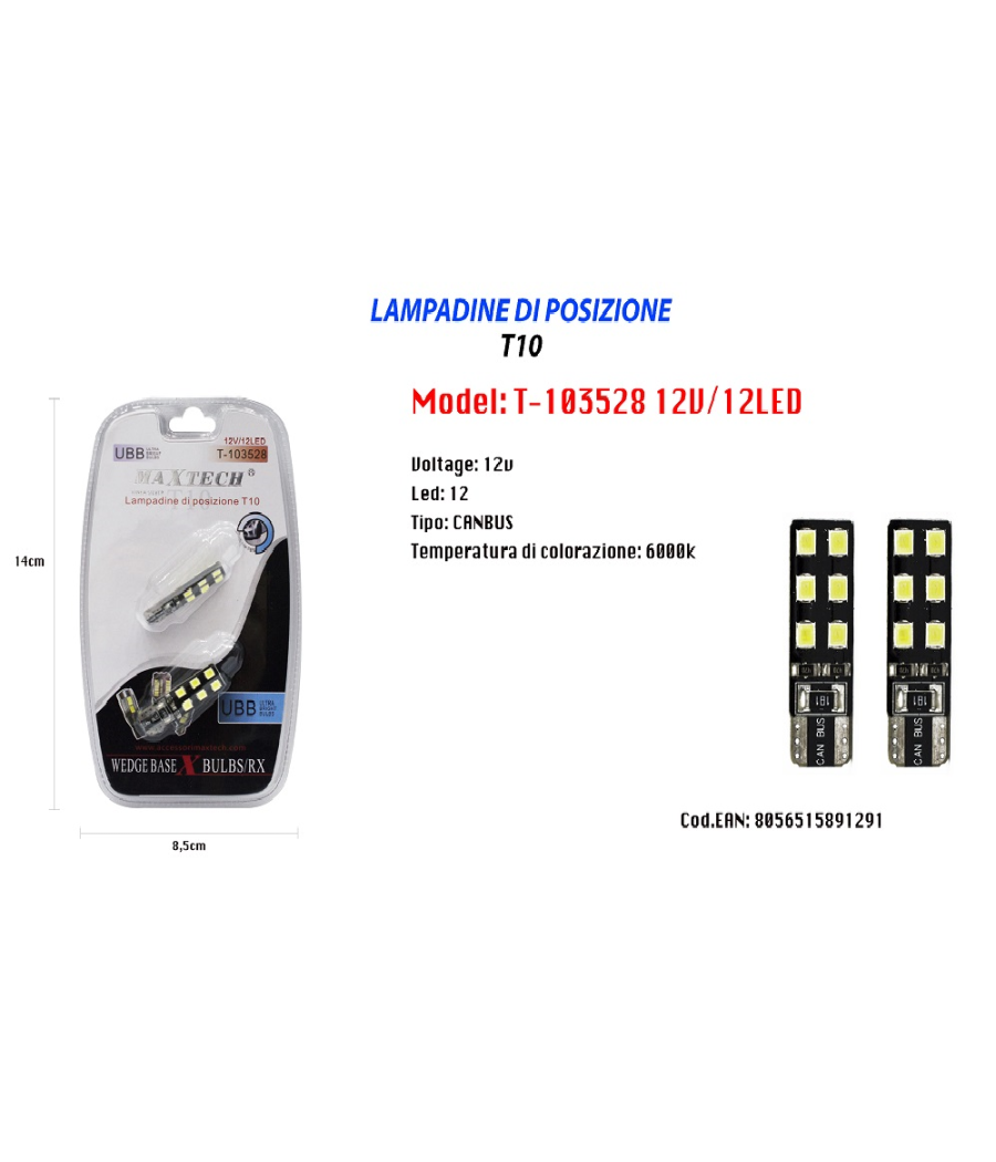 Trade Shop - Lampadina Di Posizione T10 Maxtech T-103528 12v 12led Canbus 6000k Ultra Luminose - - 2