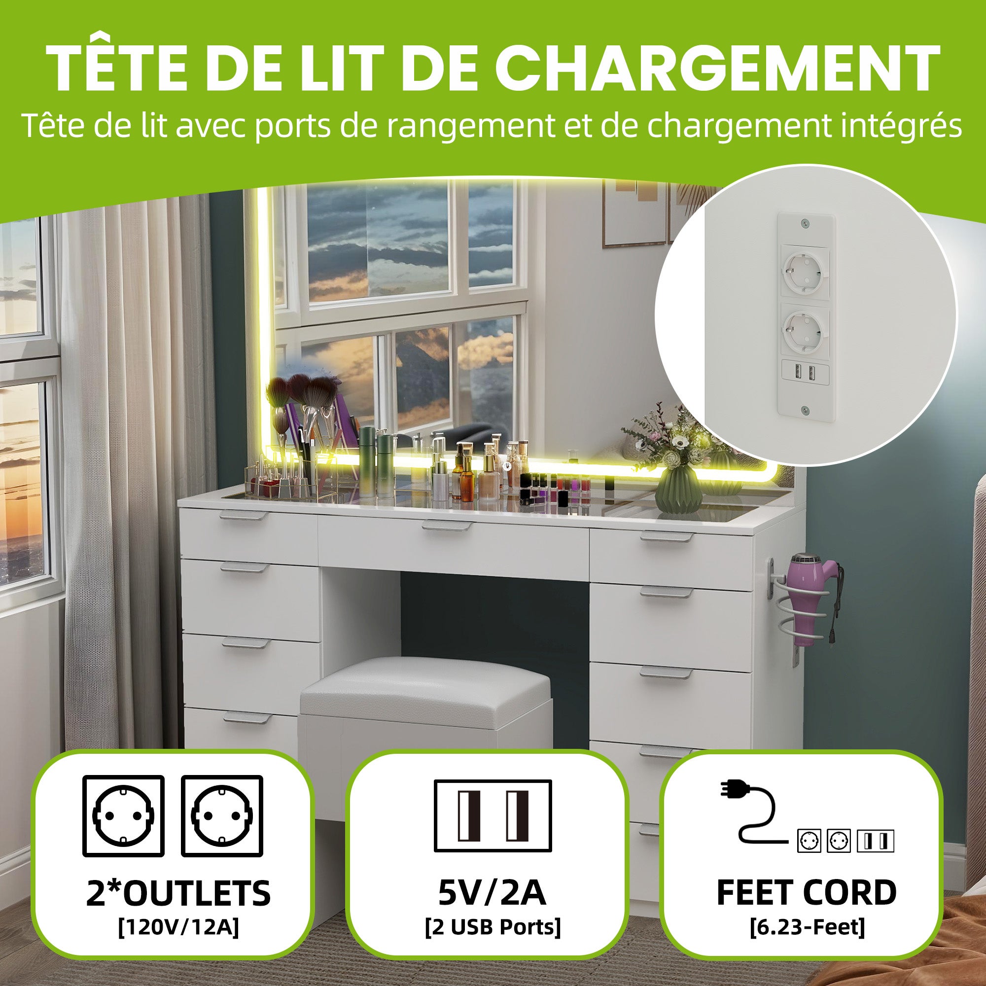 Balconera Coiffeuse avec Miroir LED réglable, Prise EU，11 Tiroirs, 40 x 114 x 134cm, avec Tabouret, Blanc, Style Moderne - 5