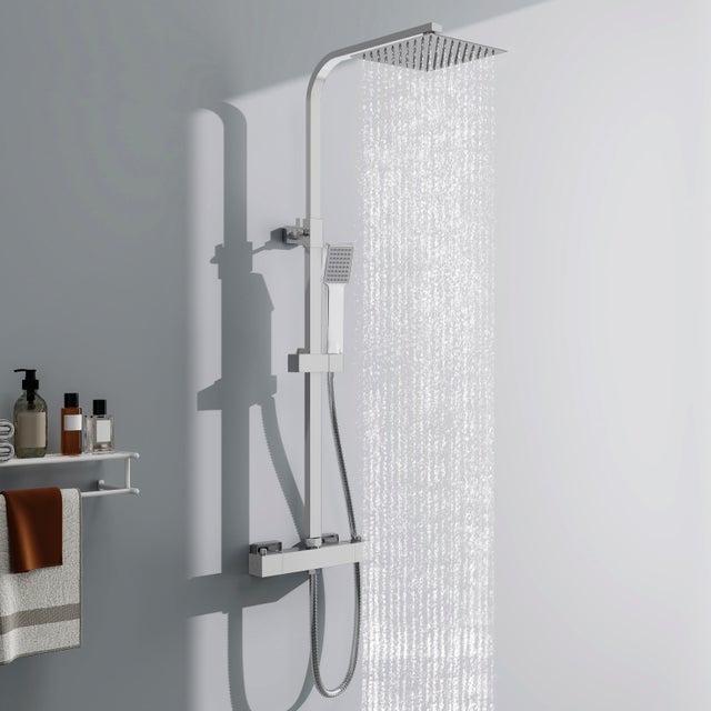 AICA Colonne de douche chromée avec colonne de douche carrée, thermostat 38°C, tige réglable, pomme de douche et pommeau de douche