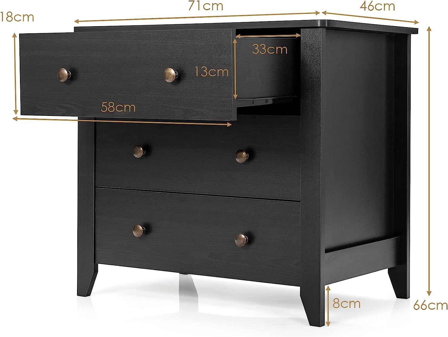 Cassettiera con 3 Cassetti, Comodino con Gambe Robuste e Struttura Stabile, per Camera da Letto, Soggiorno, Ingresso, 71 x 46 x 66 cm (Black) - 5