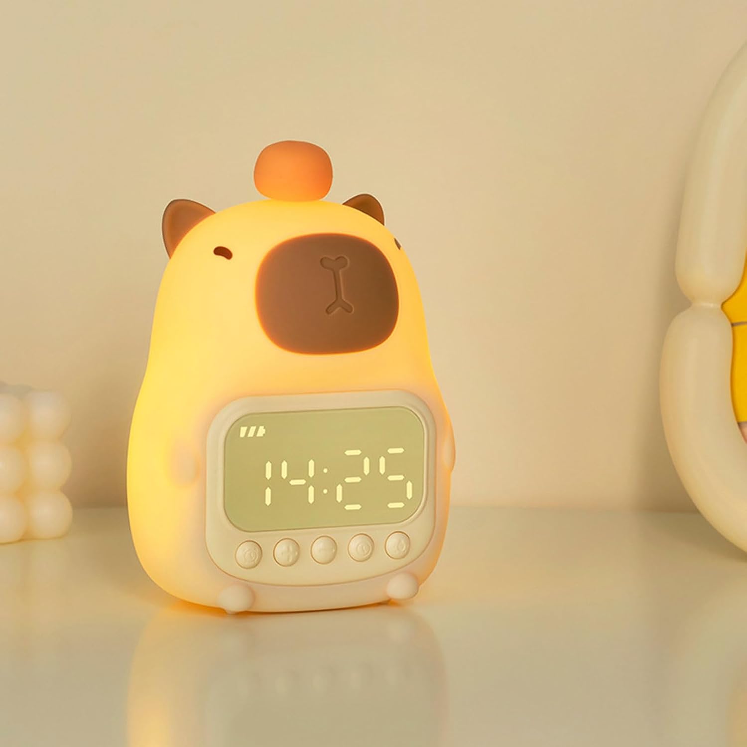 Budzik Capybara z regulowanym światłem nocnym, ładowalny, odpowiedni do nauki snu oraz dla dzieci i uczniów.