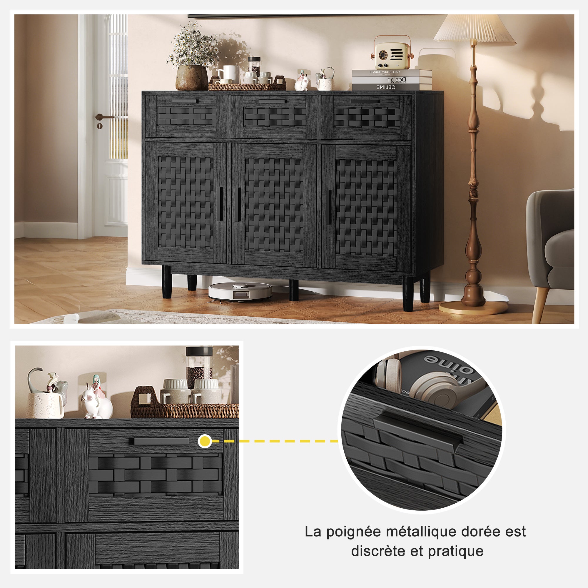 Buffet, meuble de rangement en bois noir, avec 3 portes et 3 tiroirs, meuble de rangement pour le salon, portes à motif tressé - 6