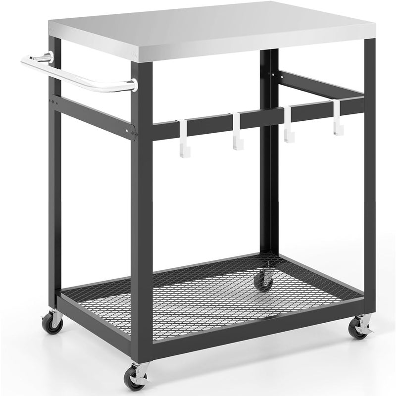 Wózek Ogrodowy do Grillowania z 2 Poziomami z Metalu z Blatem, 4 Haczykami, 83,5 x 50,5 x 84,5 cm