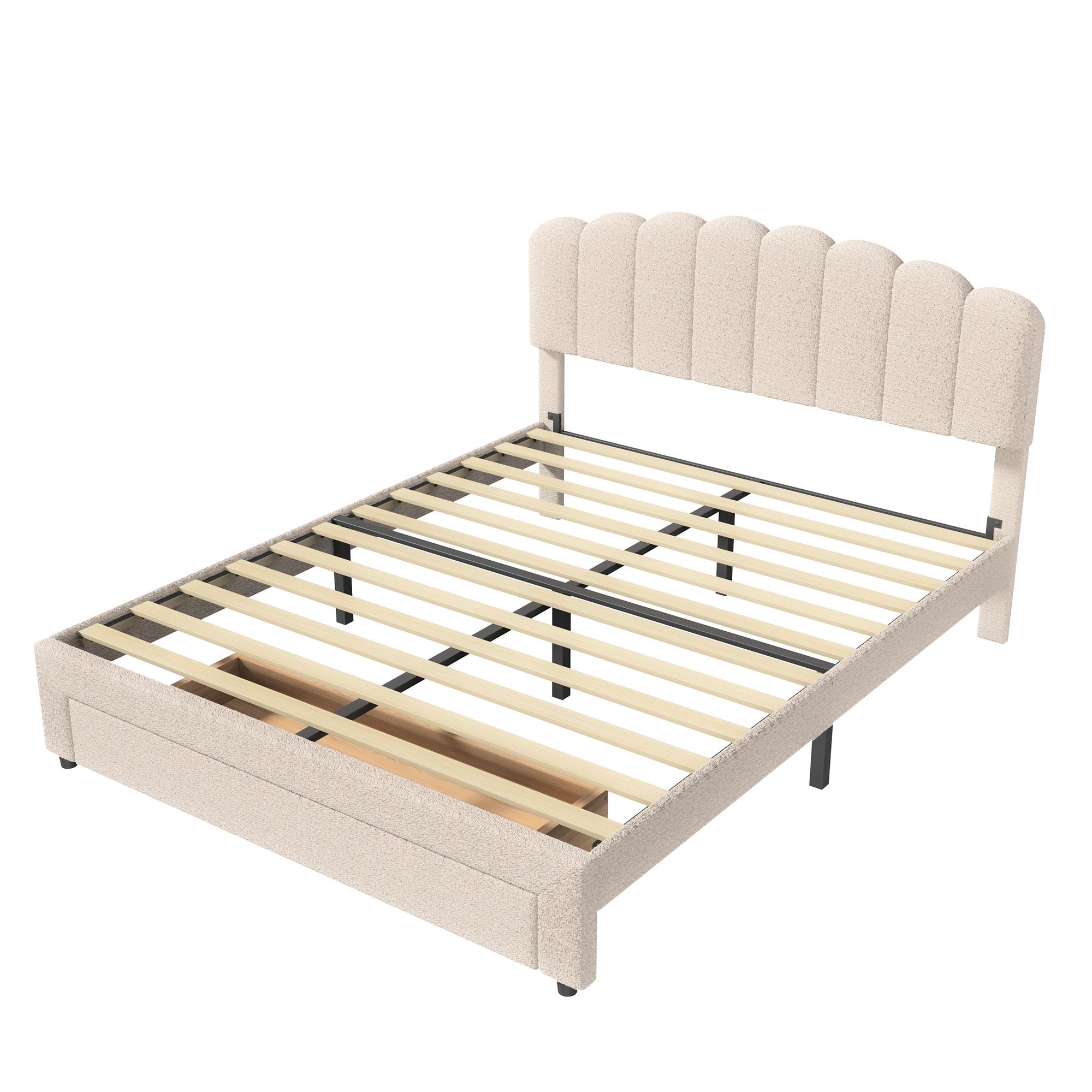 Lit double 140x200cm, cadre de lit avec 1 grand tiroir, sommier à lattes et tête de lit réglable avec port charge, velours teddy, beige - 9