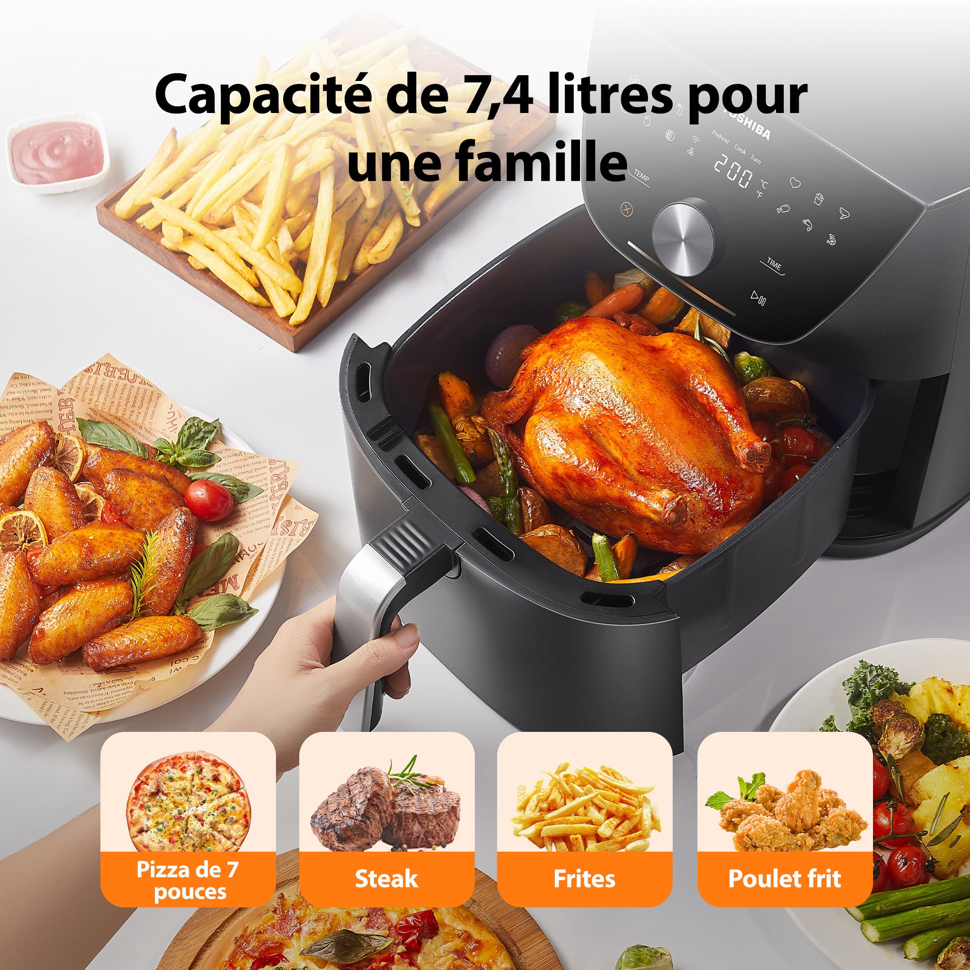 Friteuse sans huile TOSHIBA AirFryer Capacité 7,4L - 12 menus prédéfinis et fonction - 1850W - 7