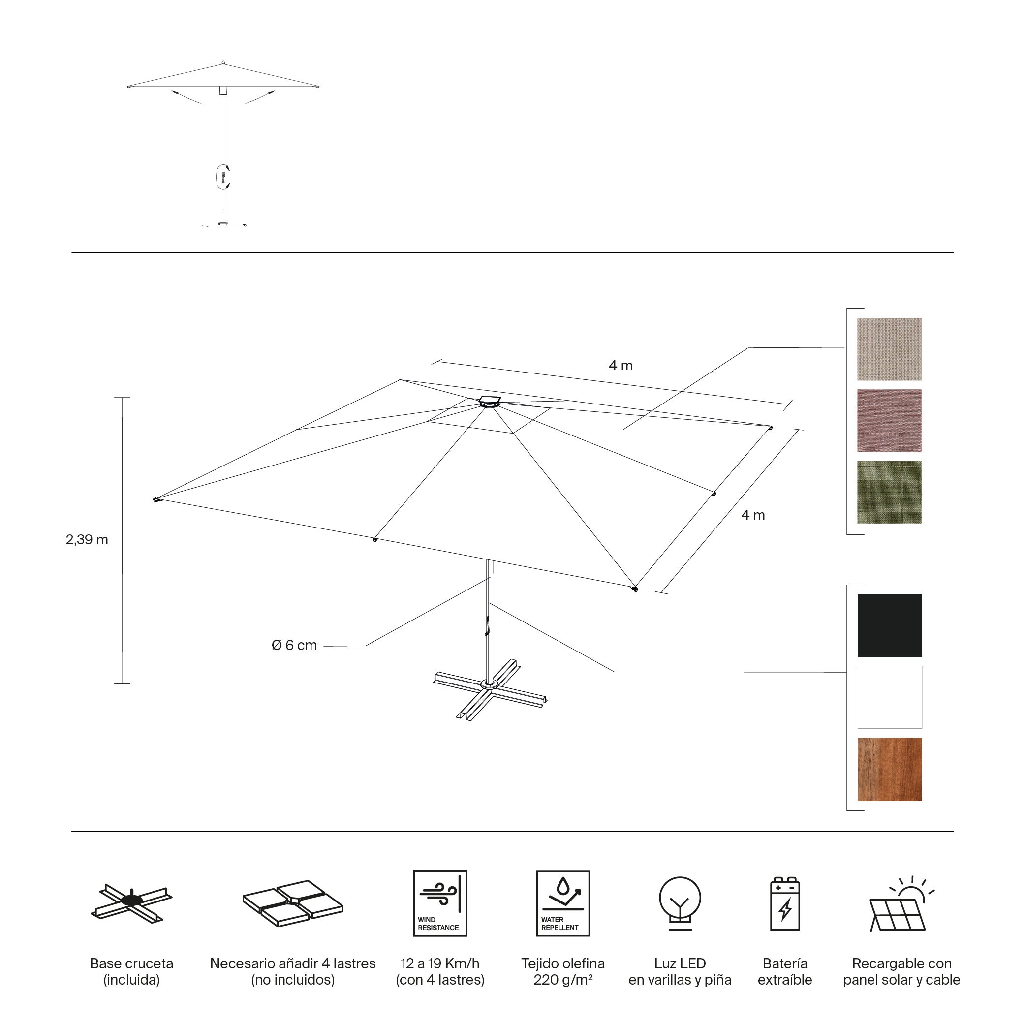 IASO Basics Sintra – Parasol iluminado con panel solar 4x4 lona terracota estructura blanca - 9