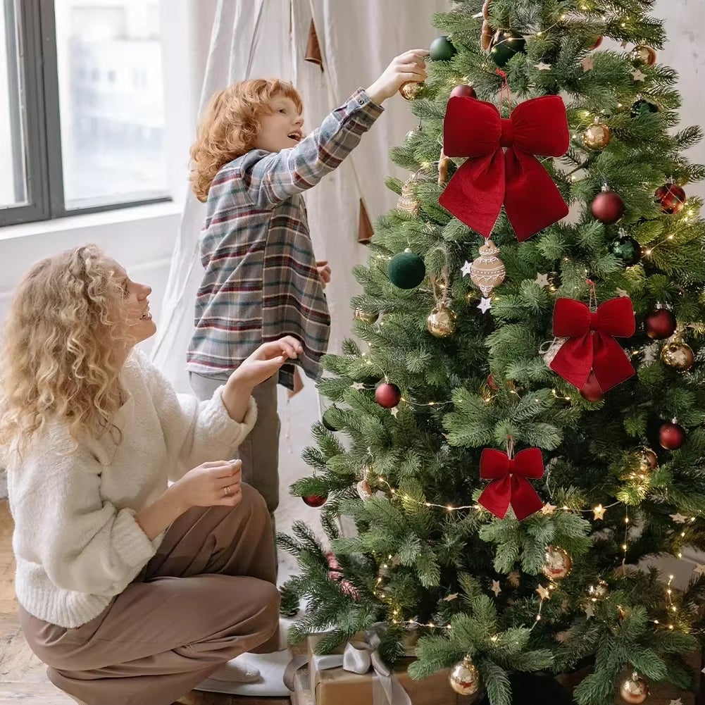 Ciondolo a forma di fiocco natalizio, ornamento in velluto rosso, fiocco da appendere, adatto per riunioni di famiglia e negozi (dimensioni grandi). - 8