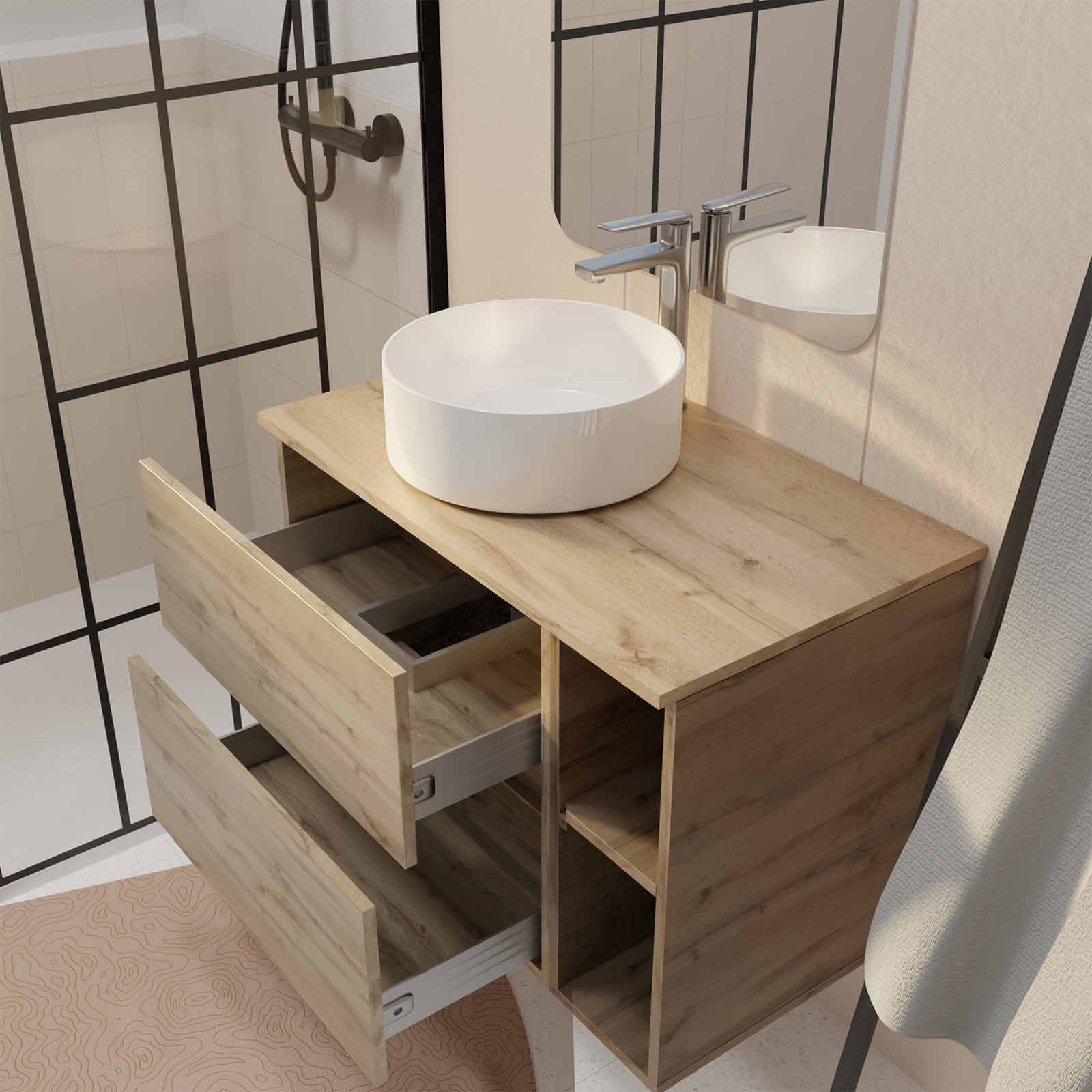 Meuble salle de bains 80 TIMBER Décor Chêne Tiroirs + Module - Vasque Blanche - Miroir 60x80 - 2