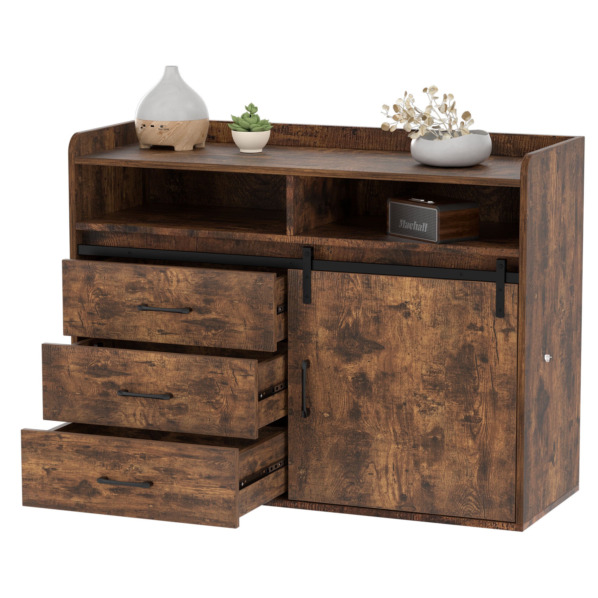 HOMAVO Buffet avec 3 Tiroirs, 1 Porte Coulissante et 2 Compartiments Ouverts – Meuble de Rangement - 6