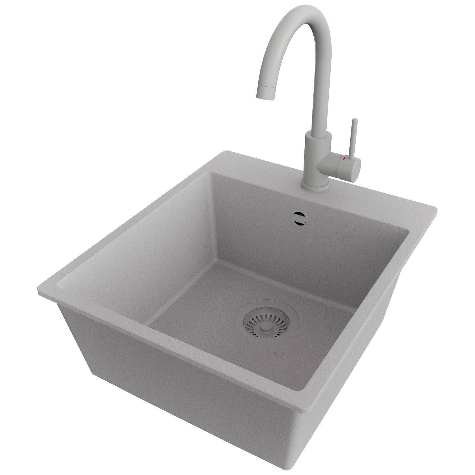 Zlewozmywak Granitowy Szary 43x50cm, Zlew Kuchenny 1 Komorowy + Bateria 32x20cm + Syfon, Nablatowy do szafki od 45cm - Ryga PRIMAGRAN