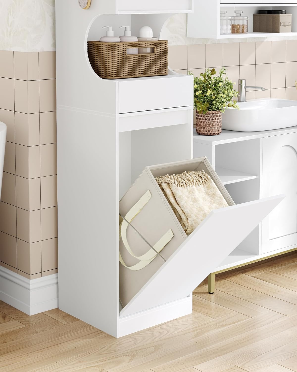 Mueble Columna de Baño, Mueble Ropa Sucia 1 Cesto para Ropa, Columna de Baño Mueble de Baños, Apto para baños, lavadero, Sala de Estar, Blanco - 7