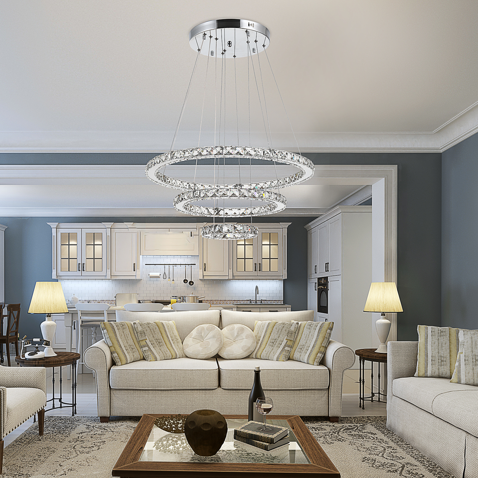 HOMCOM Lampadario a Sospensione con 3 Anelli Regolabili, Luci a LED e Cristalli, Ø60 x 110cm - 2