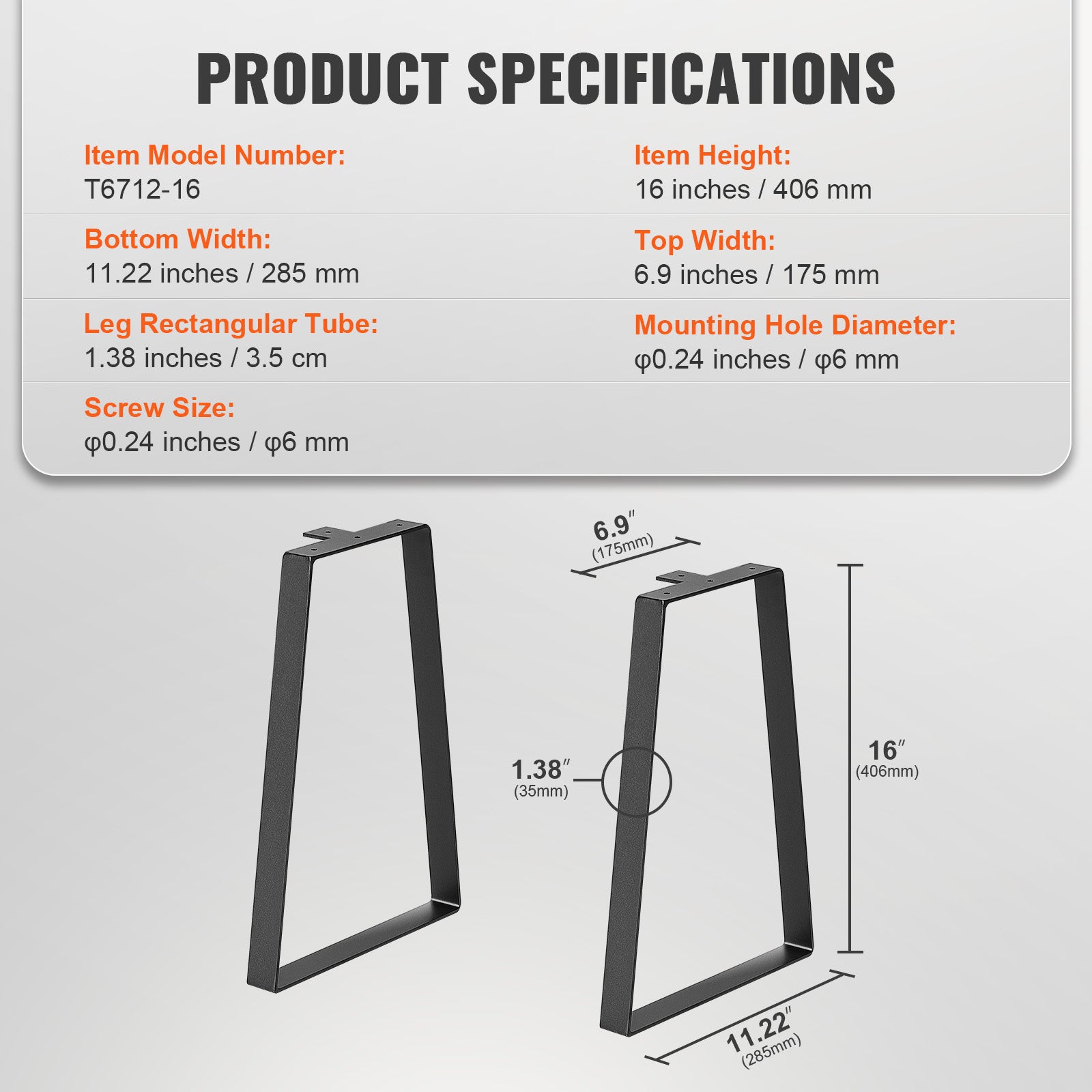 Pés de Mesa Aço Trapezoidal SucceBuy 406.4MM Kit 2 Mesas Baixas DIY Bancos Carga 181.4KG Instalação Rápida Preto - 9