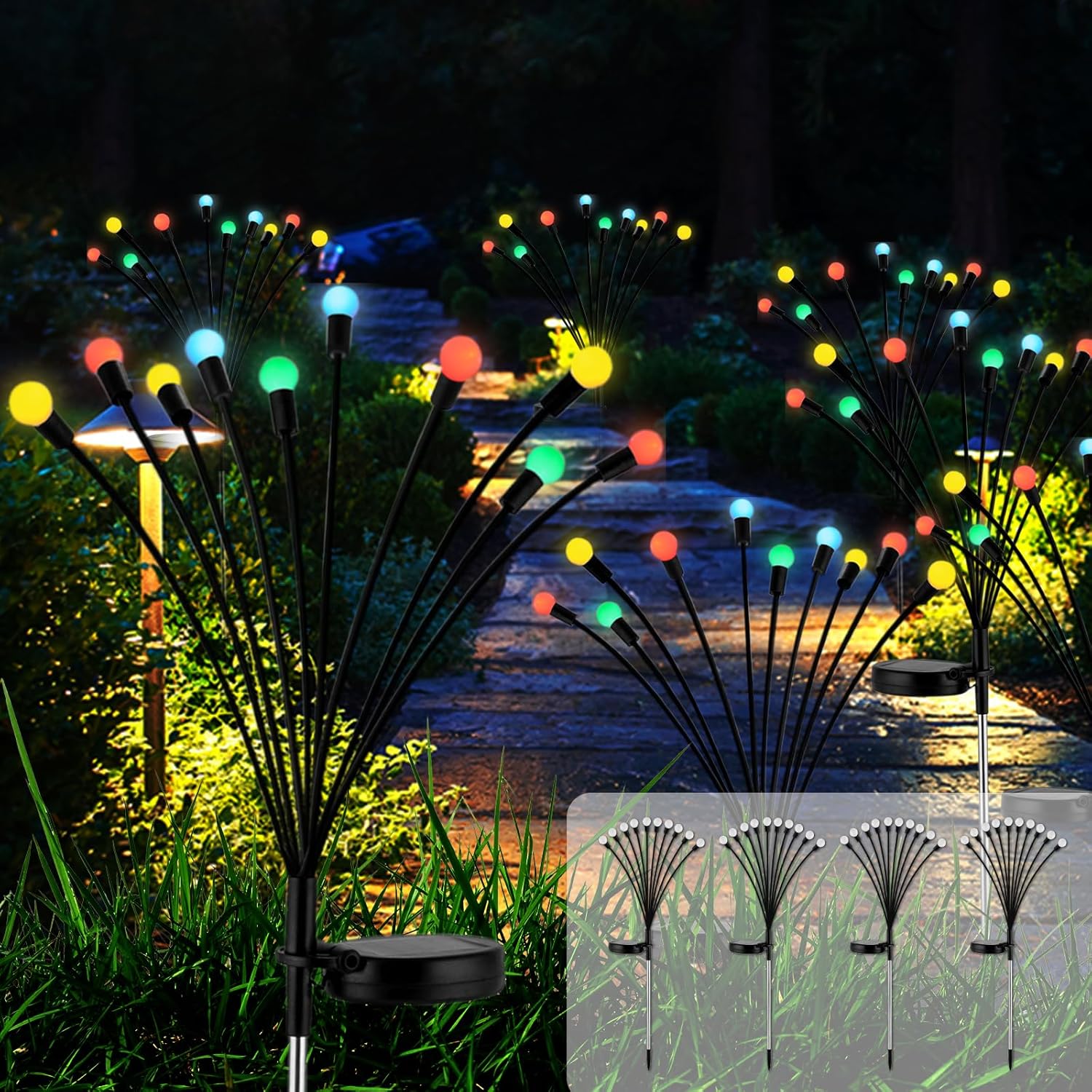 Zestaw 8 solarnych girland ogrodowych zewnętrznych, 10 LED, wodoodporne IP65, do ogrodu, na taras, krzewy, dekoracyjne (wielokolorowe)