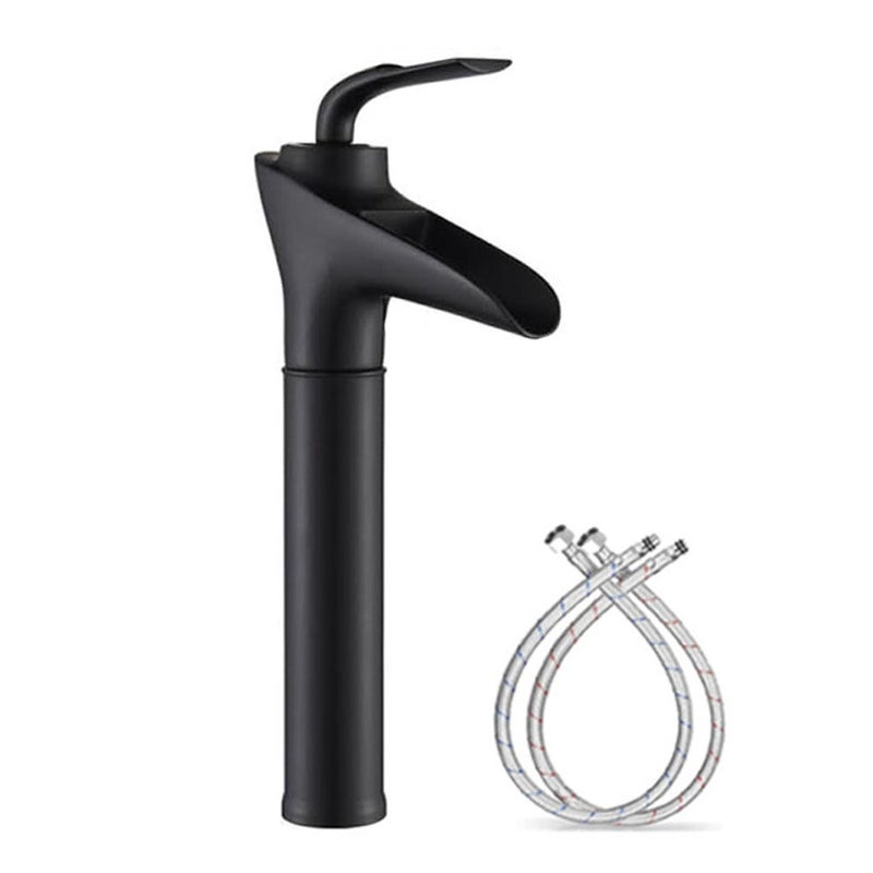 Klasyczny, niski kran wodospadowy do ciepłej i zimnej wody, jednootworowy kran do umywalki łazienkowej z wężem (czarny, wysoki model)