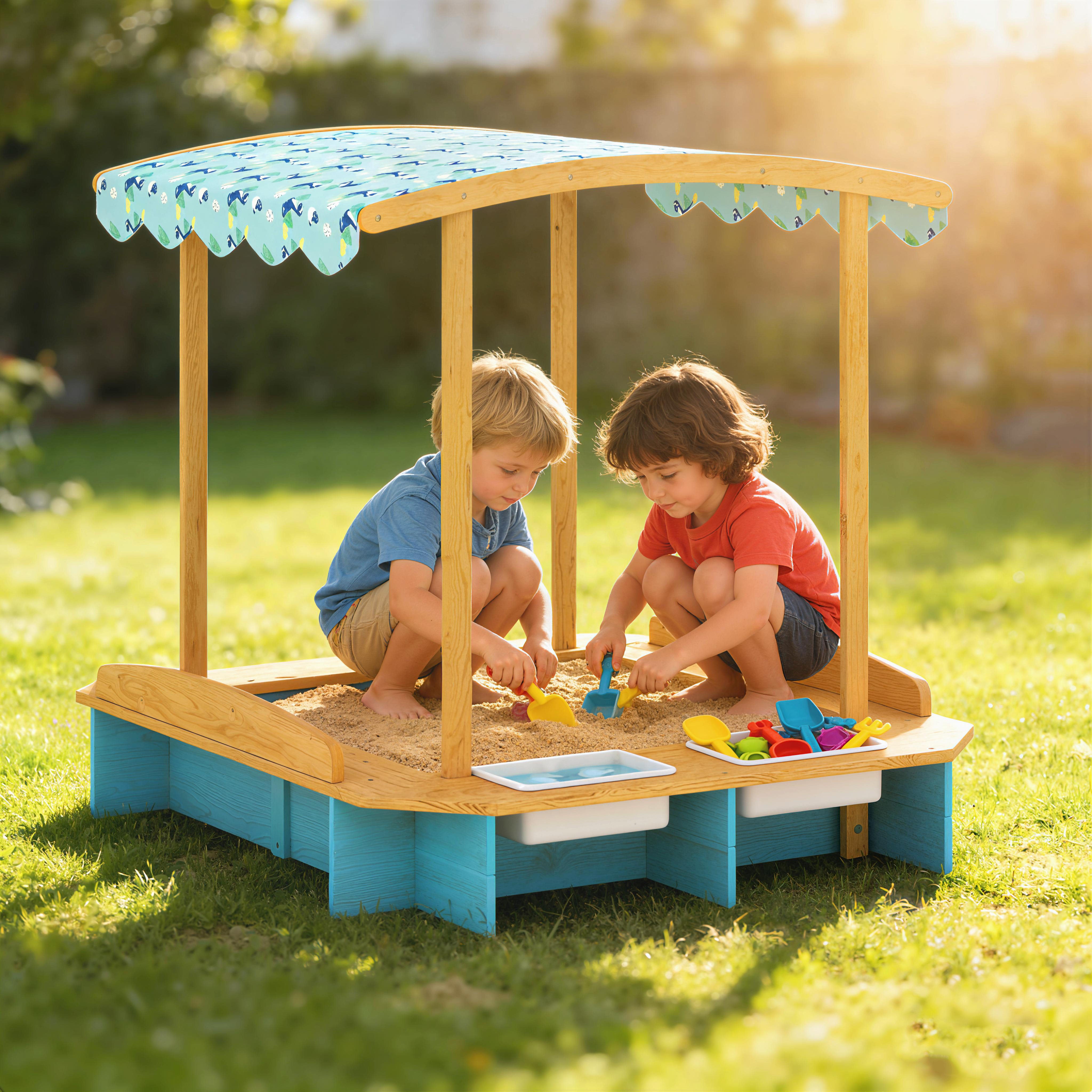 Arenero de madera para niños con techo, 3 bancos, 2 cajas de ...