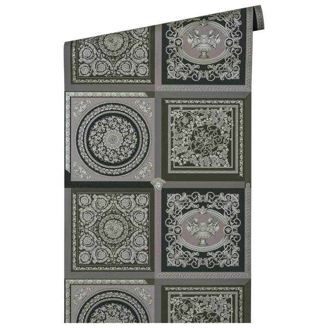 Papier peint baroque marron et argent Tapisserie effet carreaux en mosaïque Papier peint luxe ornements idéal pour salon