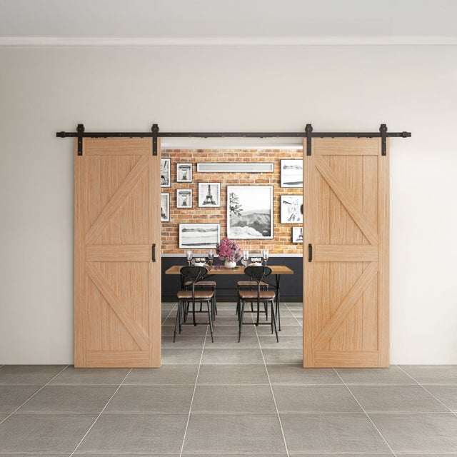 Kit double porte coulissante en bois Grange oak acier MDF + rail H.206 x l.155 cm, SCHULTE, double amortisseur, porte coulissante intérieure en bois