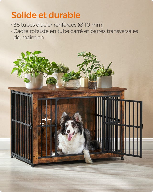 Meuble Cage Pour Chien, Table d'Appoint, Niche Moderne pour Chiens jusqu’à 32 kg, Maison de Chien à Double Porte, Marron Rustique - 3