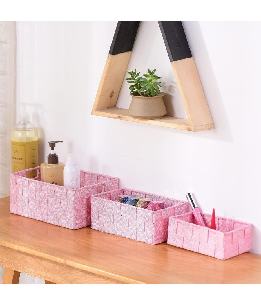 Trade Shop - 3 Cestini Tessuto Scatole Organizer Bagno Porta Oggetti Bagnoschiuma Rosa 79053 - - 3