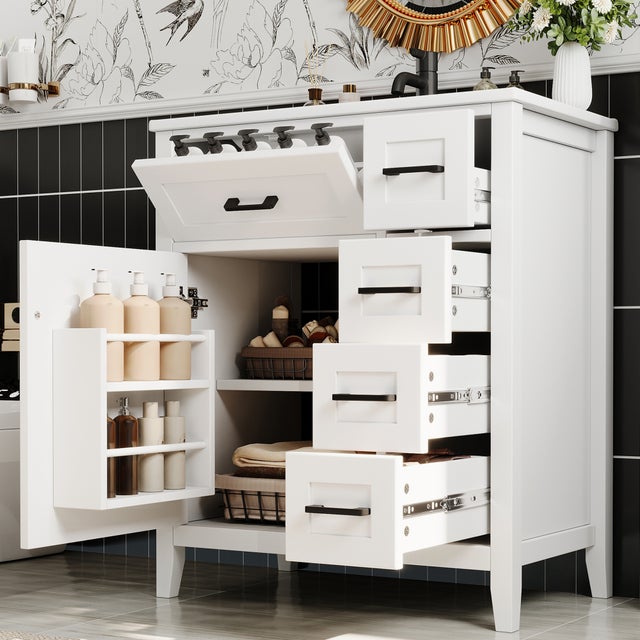 Szafka łazienkowa z wbudowaną umywalką ceramiczną - 1 drzwi, 4 szuflady i 1 opuszczane drzwi - MDF - 76 x 46 x 90 cm - biała