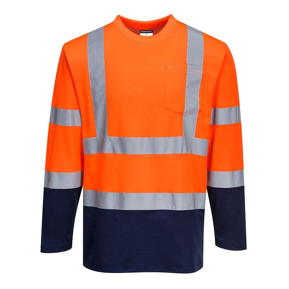 Portwest - Tee-shirt manches longues bicolore en coton COMFORT haute visibilité classe 2 - Orange / Bleu Marine - L - 4