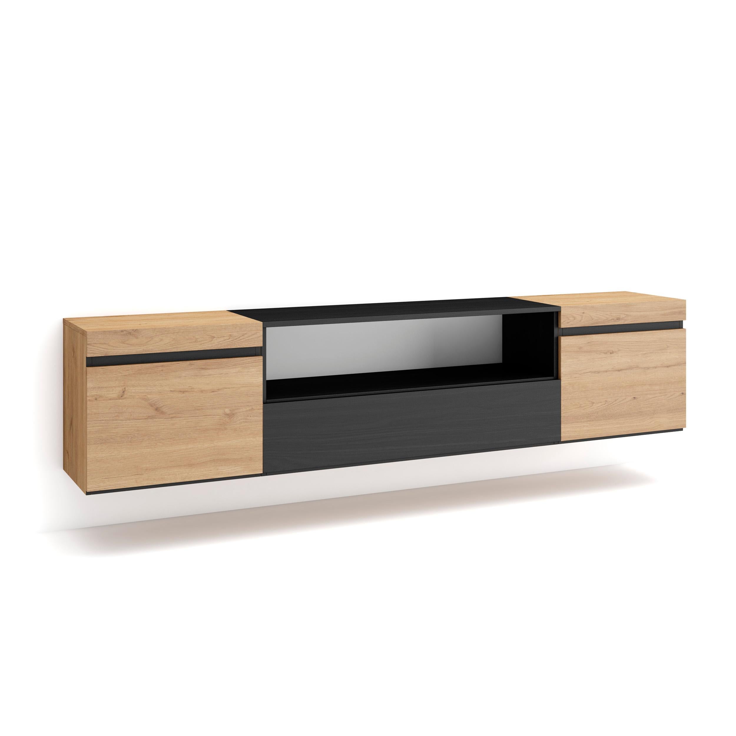 Mobile TV Soggiorno, 200x45x35cm, Per TV fino a 80", Sospeso, da appendere, Rovere e nero