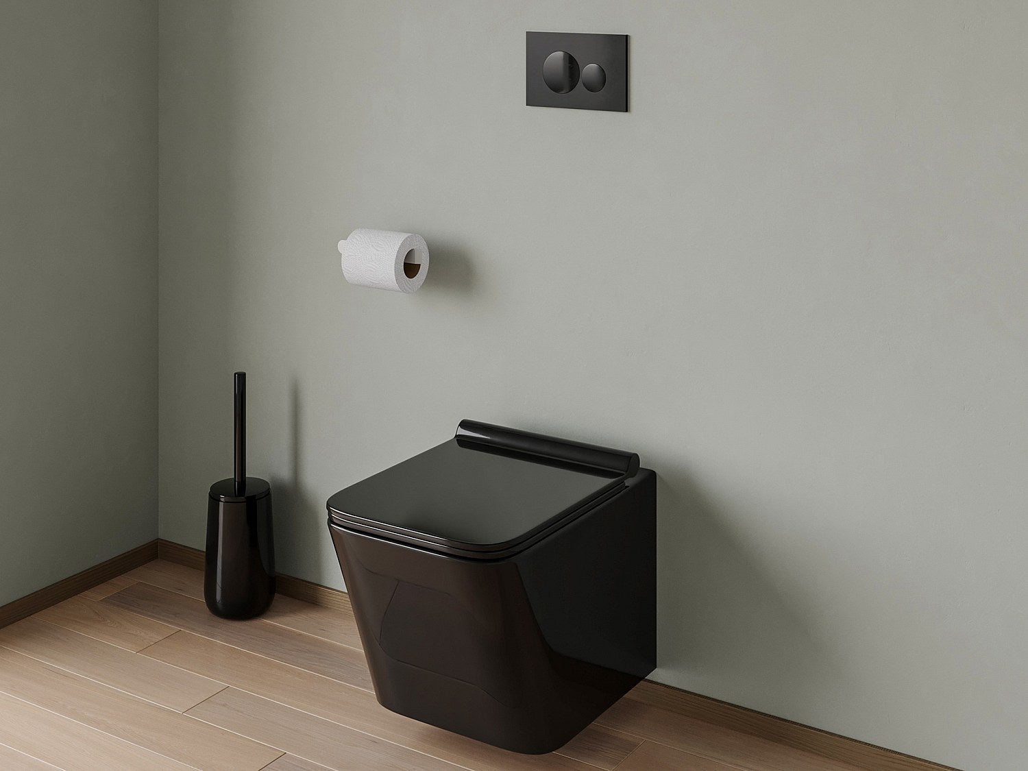 Podwieszana ceramiczna toaleta w kolorze czarny mat z możliwością instalacji na stelażu i okrągłym przyciskiem spłuczki - CLEMONA