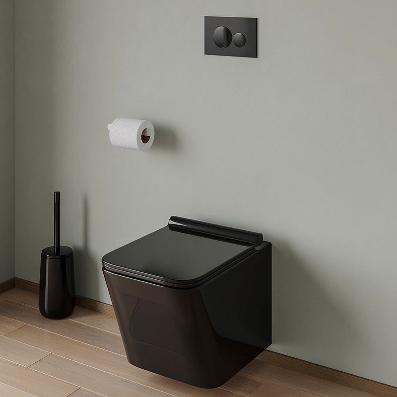 Podwieszana ceramiczna toaleta w kolorze czarny mat z możliwością instalacji na stelażu i okrągłym przyciskiem spłuczki - CLEMONA