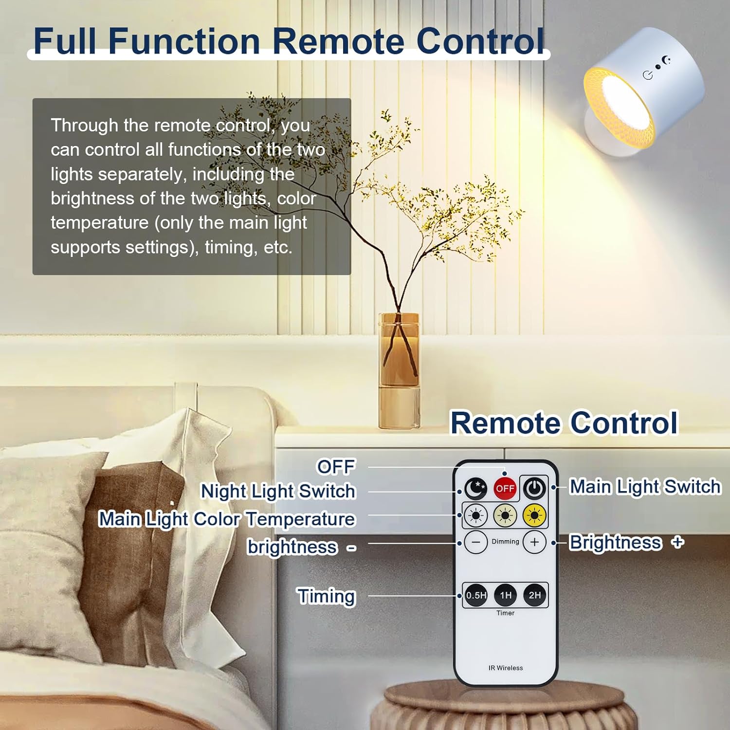 Lampe murale à LED double face avec télécommande,contrôle tactile,3 Couleurs,USB,rechargeables,à 360°- Blanc - 4