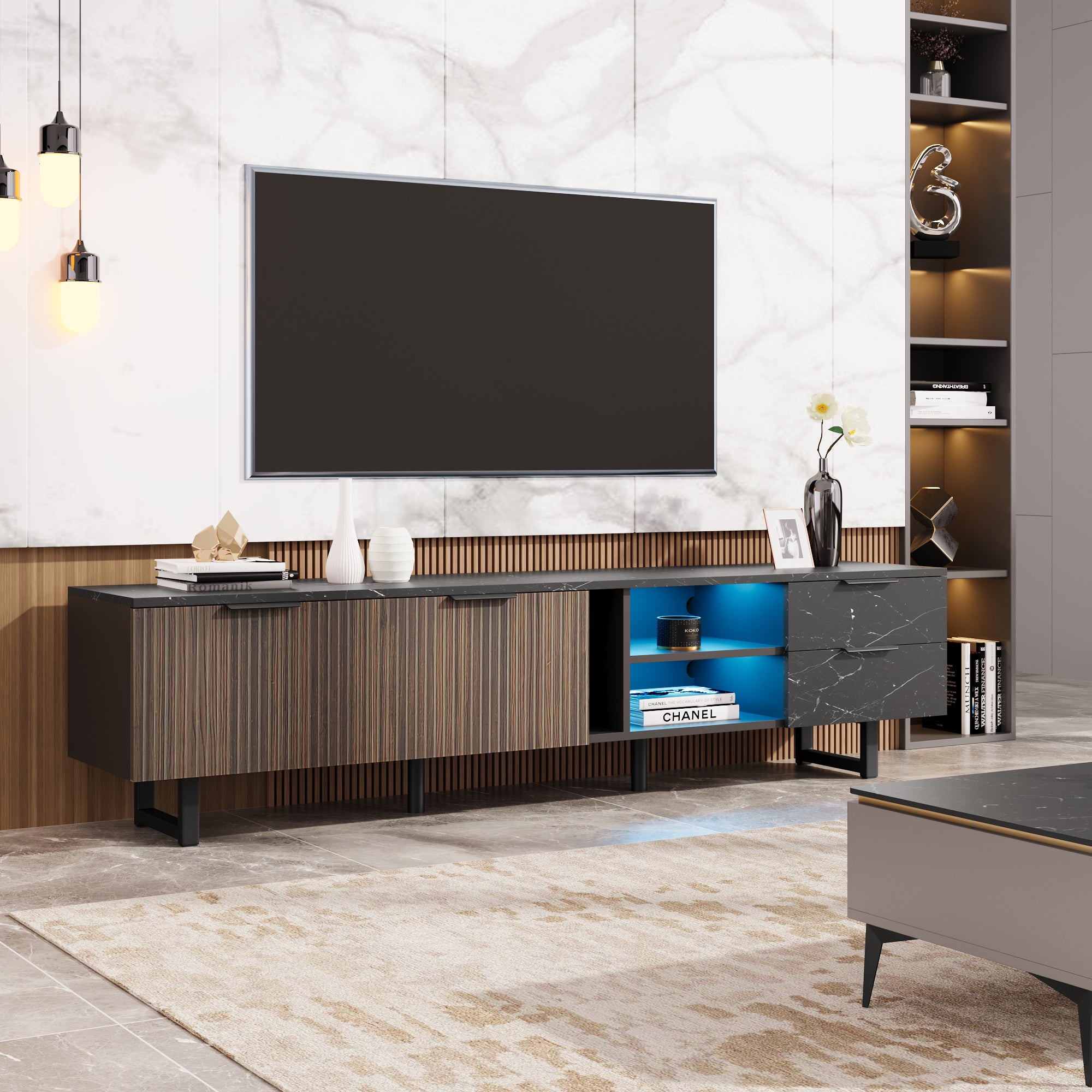 Mobile TV con 2 ante, 2 cassetti e 2 nicchie - 200 x 38 x 50 cm - LED - Legno MDF - Nero + legno - 3