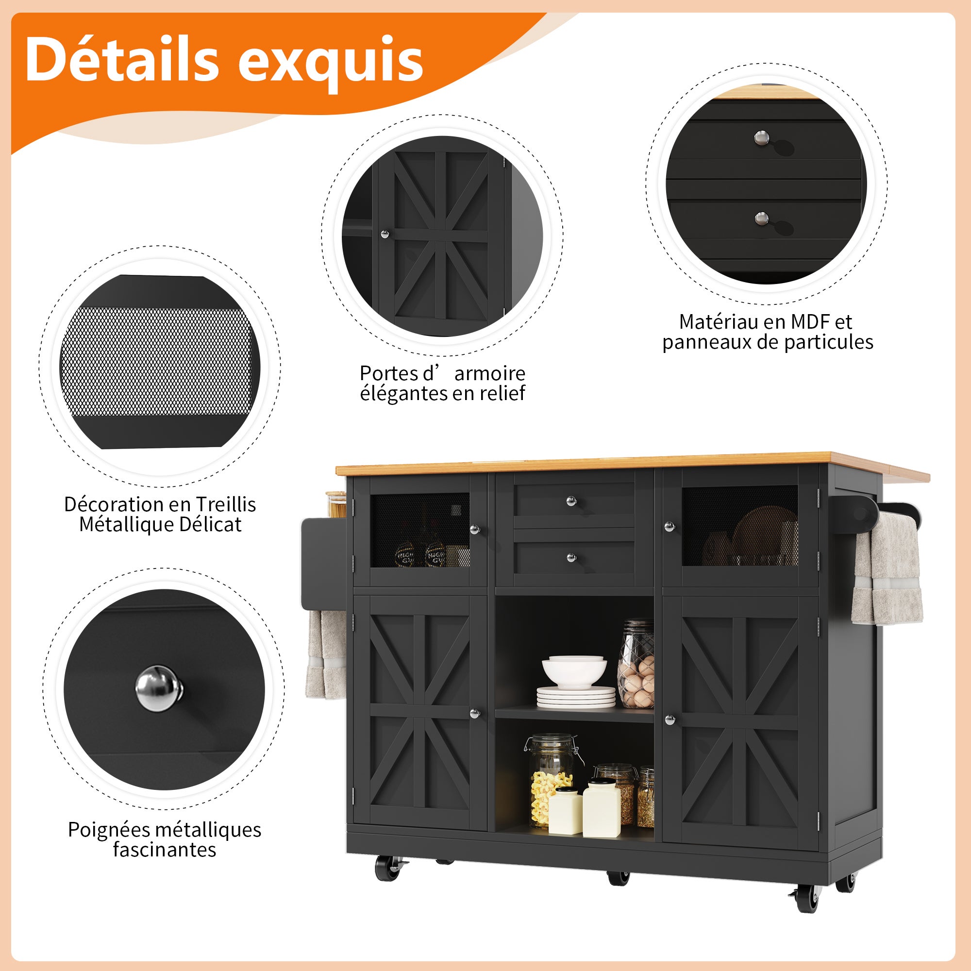 ilot Central Cuisine sur roulettes avec 2 tiroirs, Table à Manger Extensible avec porte-serviettes latéral(Noir, 140x40-70x93,5cm) - 2