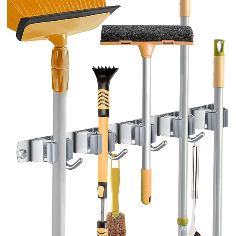 Supporto Da Parete Per Scope E Utensili – Acciaio Inox Con 5 Clip E 4 Ganci, Autoadesivo O A Viti, Carico 15 Kg, Per Balcone, Giardino E Cucina