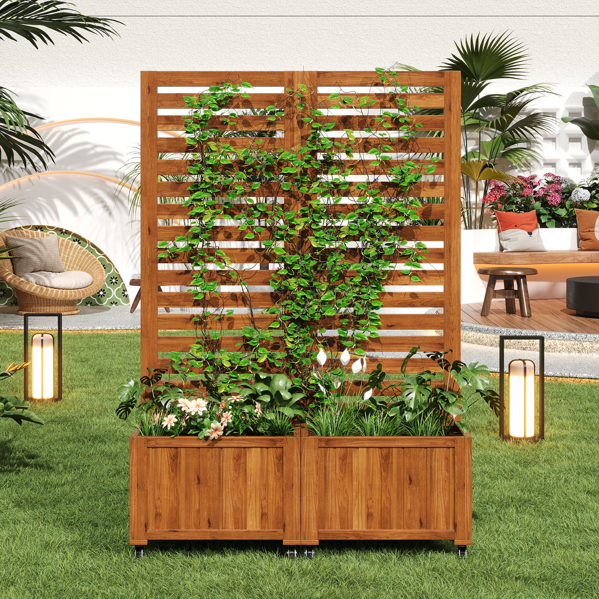 Lot de 2 Jardinière convertible avec Treillis et roulettes en bois massif - 102 x 32 x 150 cm - Marron - 2