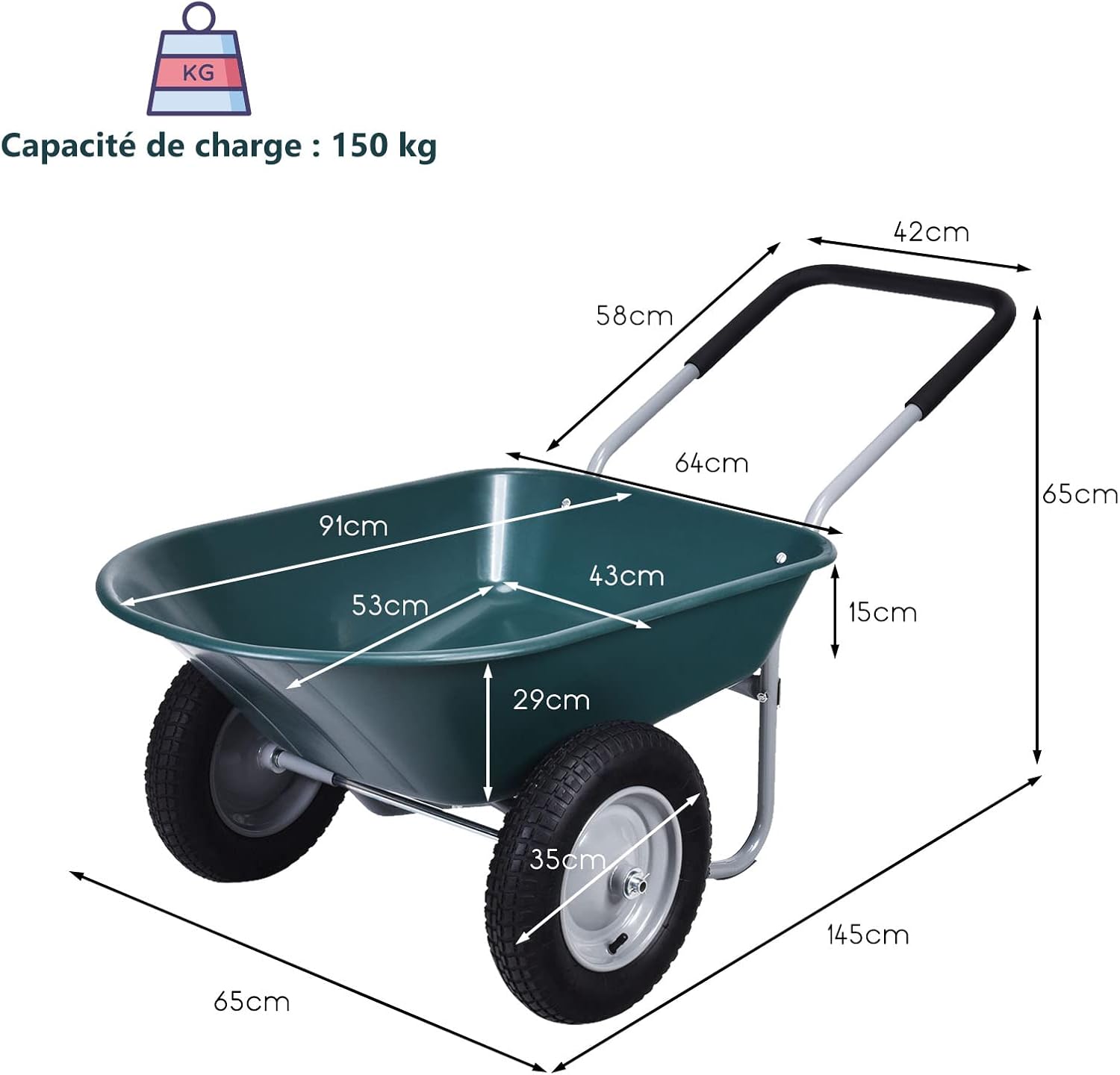 Brouette de Jardin 2 Roues Pneus Pneumatiques Ø35cm 75L Charge Max 100KG Résistante en Fer pour Jardinage/Maçonnerie Vert - 5