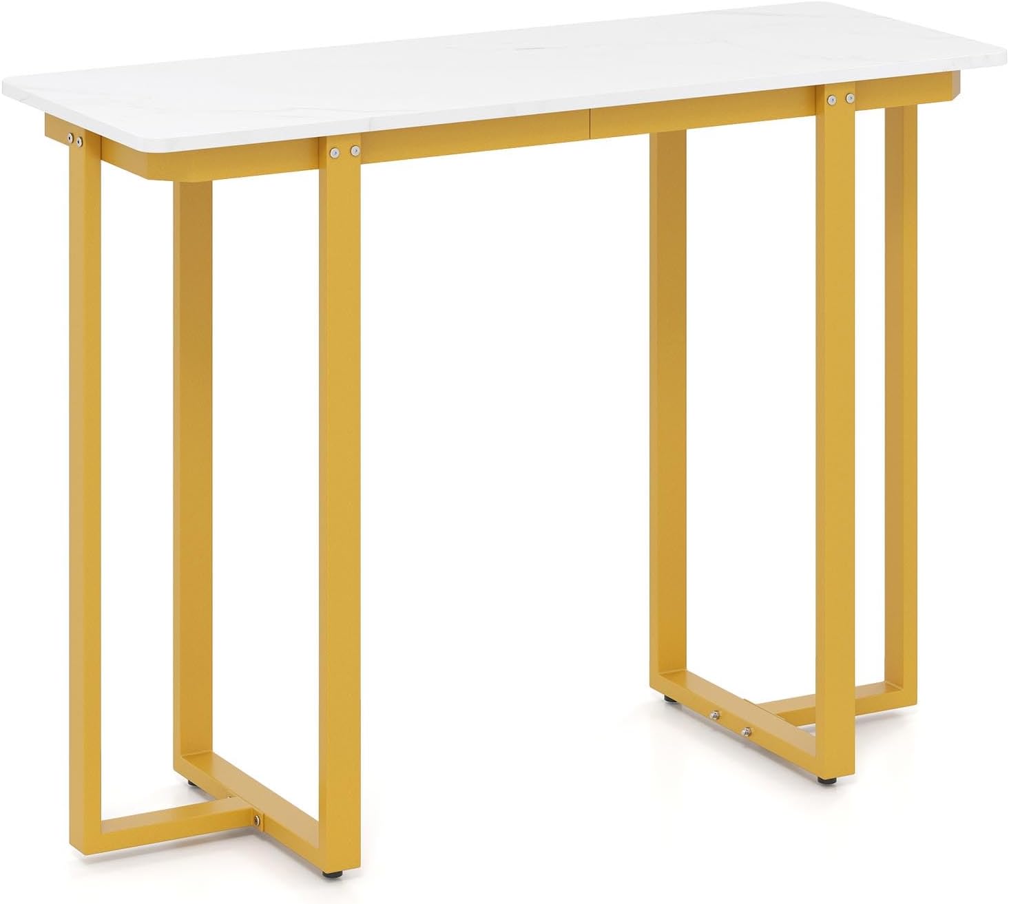 Stolik Konsolowy do Przedpokoju, 107 x 40 x 79,5 cm, Metalowa Konstrukcja i Blat Imitujący Marmur, do Salonu, Przedpokoju, Korytarza (Złoty)