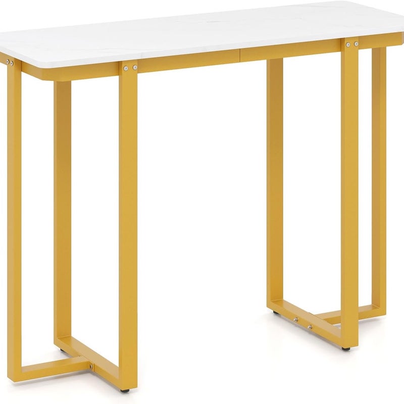 Stolik Konsolowy do Przedpokoju, 107 x 40 x 79,5 cm, Metalowa Konstrukcja i Blat Imitujący Marmur, do Salonu, Przedpokoju, Korytarza (Złoty)