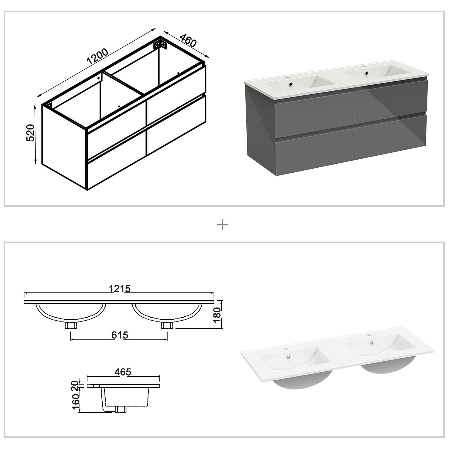 Meuble salle de bain 120cm anthracite brillant avec double lavabo céramique + 4 tiroirs à fermeture automatique - 4
