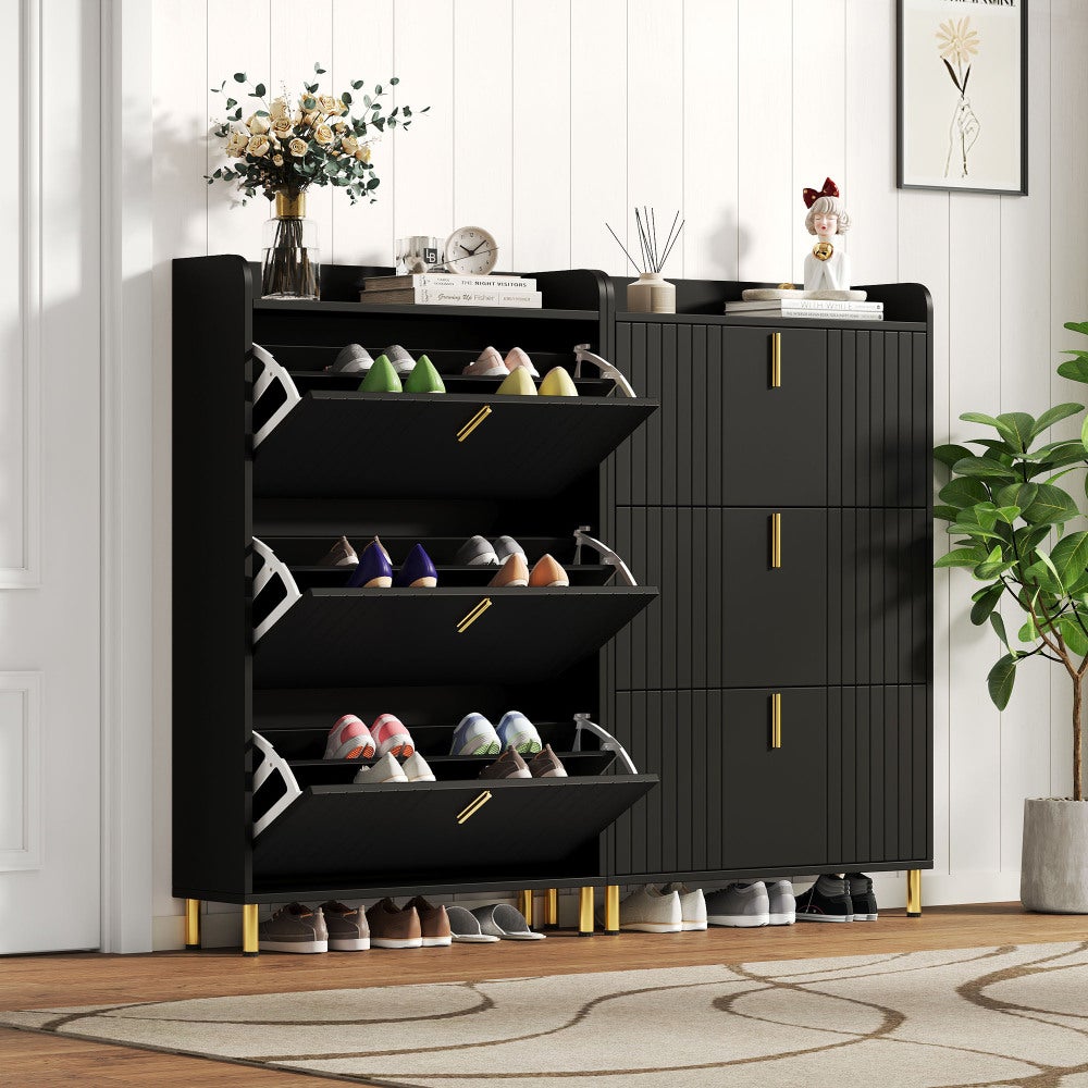 Dulap pantofi cu 3 uși rabatabile, 6 compartimente, reglabil, anti-răsturnare, îngust, alb, 80×23,5×123,5 cm