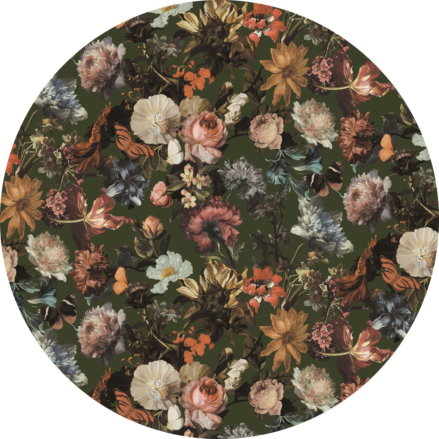 Mural redondo autoadhesivo flores verde oliva agrisado - ø 140 cm - estahome